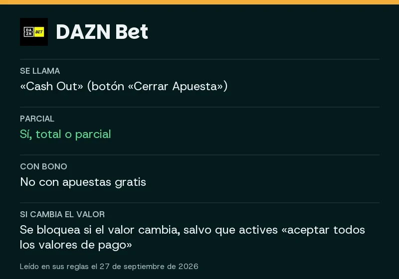 Cash out de DAZN Bet: parcial, combinadas, bonos y qué pasa si cambia el valor